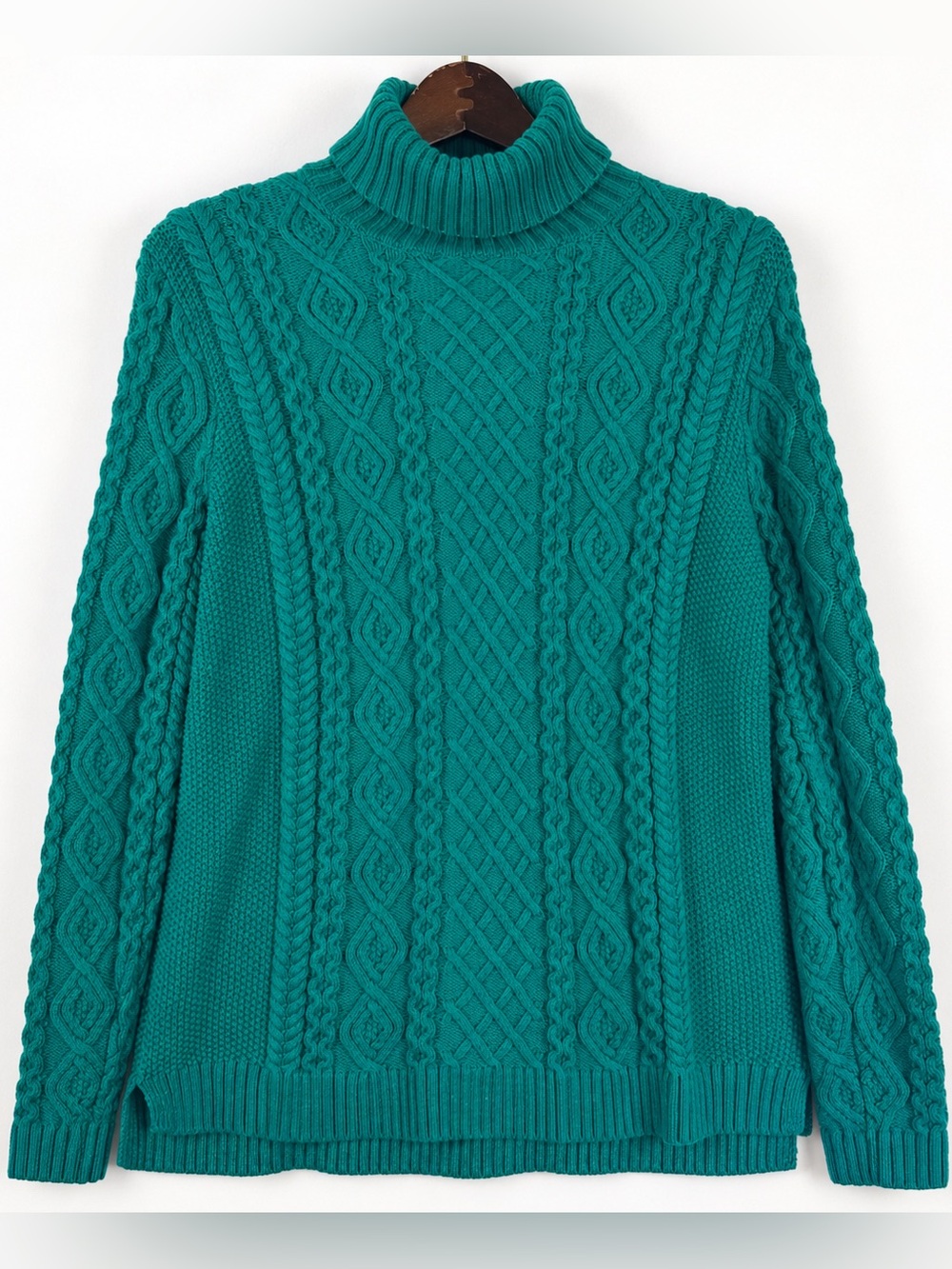 Lands End Teal Cable Knit Fisherman Turtleneck Sweater L 14-16